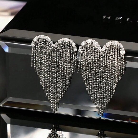 Silver Casual Women's Heart Shaped Rhinestone & Tassel Earrings - Picture 5 of 5
